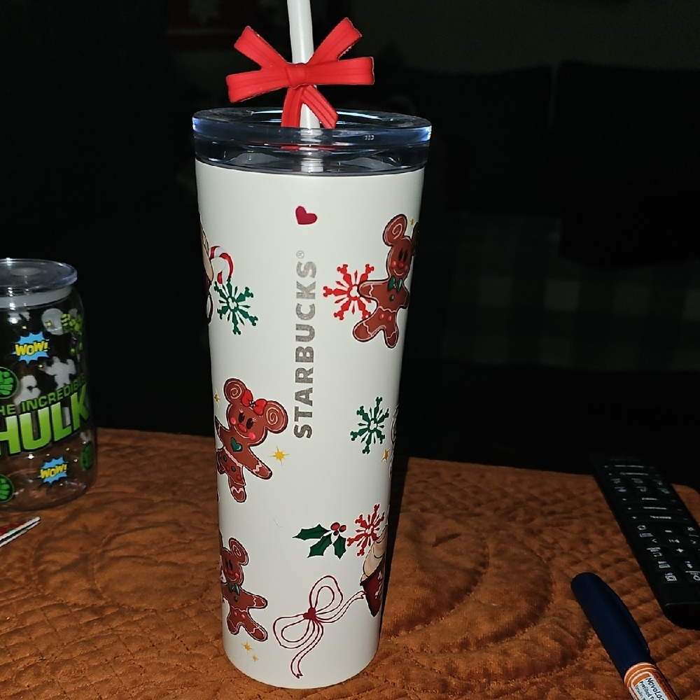 Starbucks White Tumbler with Red and Green Holiday Design